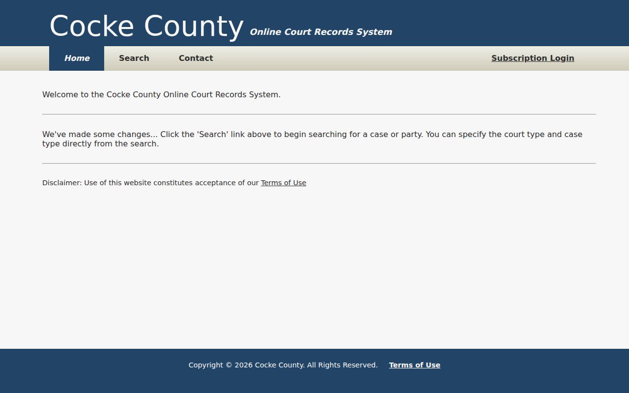 Cocke County court case lookup portal search screen