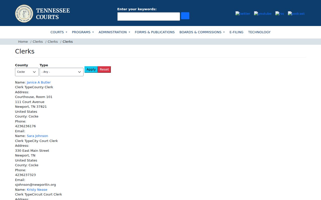 Tennessee directory for Cocke County criminal court case clerks