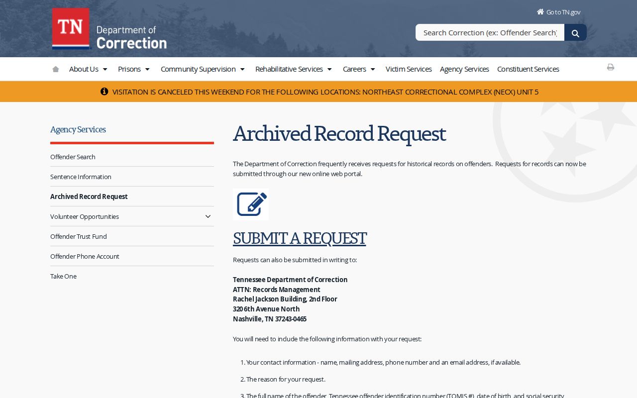 Cocke County criminal history TDOC archived record request