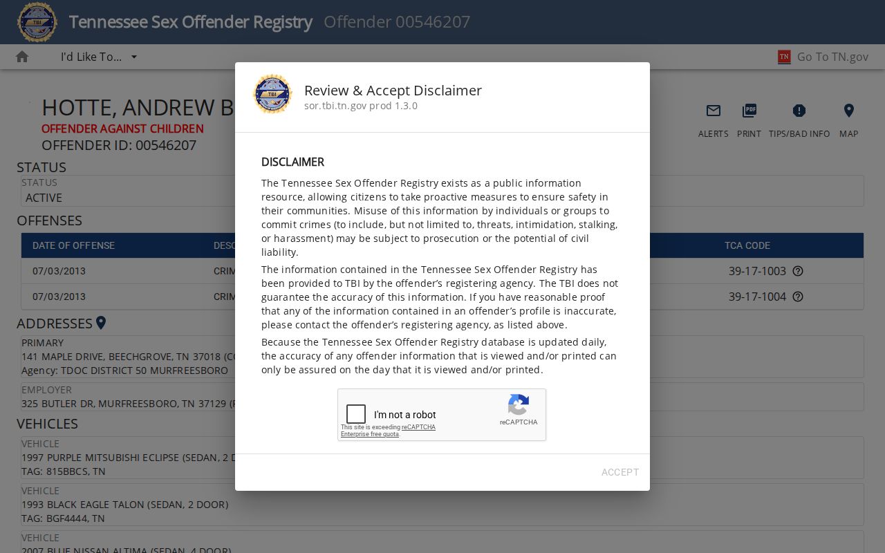Anonymized Tennessee profile fields for Cocke County sex offender lookup use