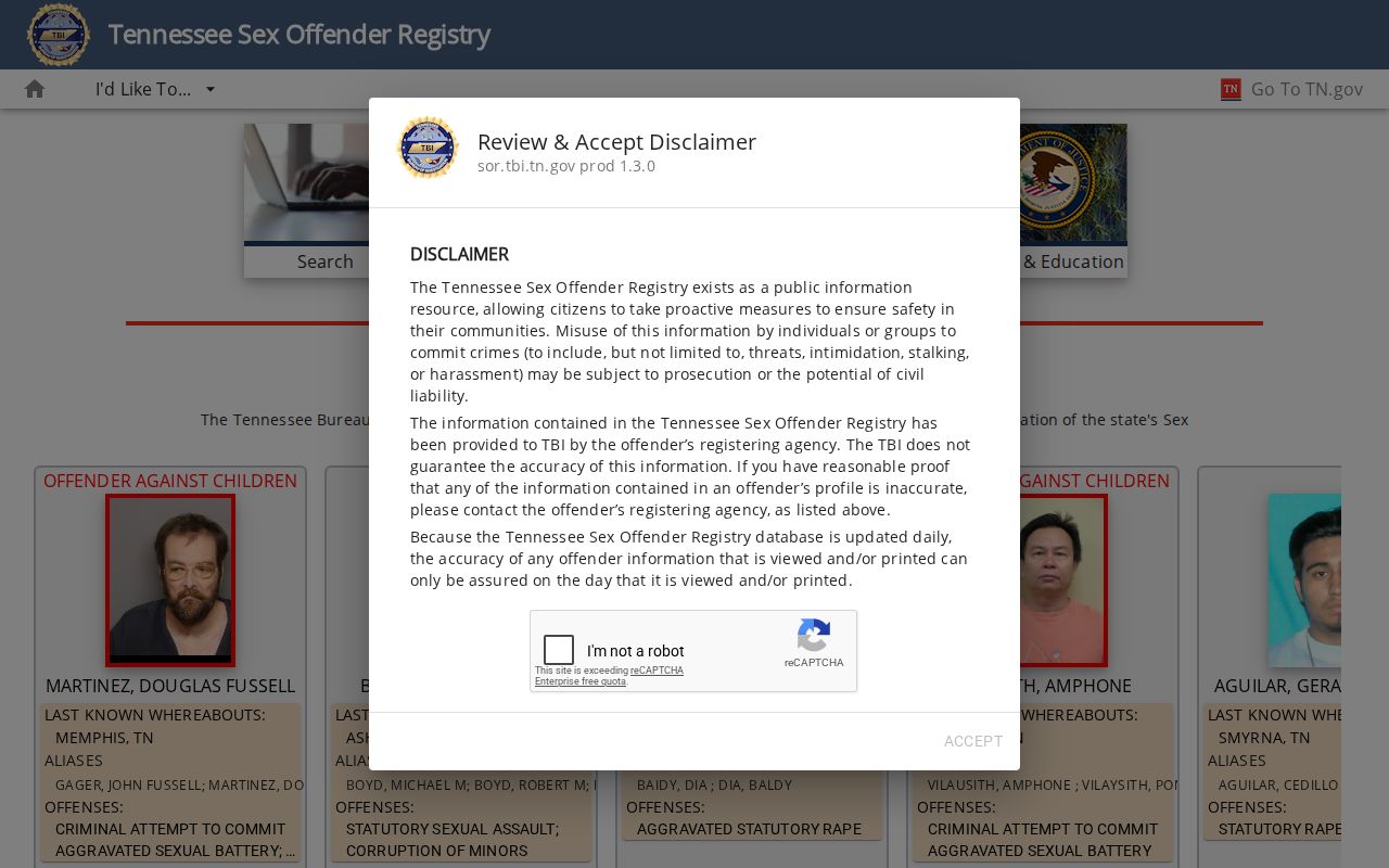 TBI search interface used for Cocke County sex offender checks